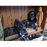 An ebonised wood dressing table set to include candlesticks, tray, box, etc. together with an