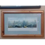 20th century school watercolour, cityscape, 28.5cm X 14cm, indistinctly signed, framed and glazed.