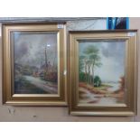 A pair of early 20th century school oil on canvasses, rural scenes, 27cm X 30cm each, signed J