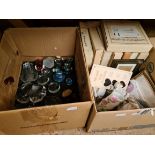 Two boxes of mixed ceramics and glass, including paperweights (mushroom design), collectors