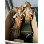 A mixed lot including Victorian bisque figures, spelter figures, a pair of antique child's clogs,