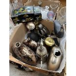 A mixed box containing vases, candlestick, brass lidded jug, Turkish style plated coffee pot,