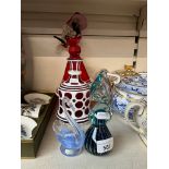 A mixed lot of glassware comprising Murano glass lady figure, cut glass decanter and two glass