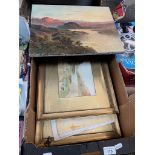 A box of paintings, pictures and prints including watercolours, pencil drawings and an oil painting.