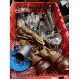 A box of assorted metal ware including a pair of spelter figures, silver plated ware etc.