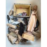 A tub of mixed items including wooden religious figure, watches including ladies Rotary, costume