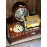 A 31 day wall clock, an Edwardian inlaid mahogany mantle clock and a brass carriage clock.