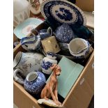 A box of assorted china including a Japanese porcelain tea set, a Mappin & Webb condiment stand,