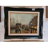 20th century school, oil on canvas, dockland evening scene, 39.5cm x 29.5cm, indistinctly signed