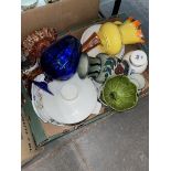 A box of ceramics and glass to include Royal Cauldron Cairo ware, coloured glass, carnival glass etc