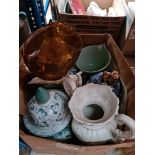 A box of pottery including large ginger jars, large glass, jugs, etc.