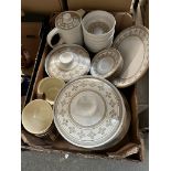 A box of modern tableware including Denby and Midwinter