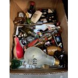 A box of alcoholic miniatures to include lightbulb gin, brandy and vodka etc.