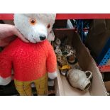 A mixed lot including a Rupert the Bear soft toy, ornamental cats, stoneware etc.