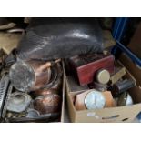 Two boxes of misc items including metalware, EPNS, copper, brass, clocks, old books, etc.