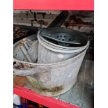 A galvanised metal bath, galvanised mop bucket and four large galvanised hinges.
