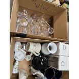 A box of glassware including decanter, drinking glasses, Dartington crystal candle sticks, and a box