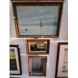 Three 20th century school oil on boards, seascapes with boats, 22cm 14cm, 19cm x 29.5cm and 49cm x