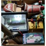 Various car models including Jaguar, Bentley, a large hotrod car, a tin plane, a wooden