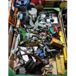 A box of toys and figures, mainly military to include Dinky, plastic, metal, soldiers, etc.