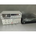 A Sansui belt drive turntable SR-222MKII together with a Sharp stereo cassette deck RT-100 and a