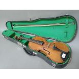 An old violin, two piece back, length 360mm, with bow and case.