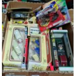 A box of die-cast and other type of toys and models including Lledo, Days Gone, Cararama, etc.
