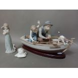 Lladro; "Fishing with gramps" - Grandfather figure with young boy and dog in a boat, fishing. 15.