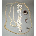 Assorted jewellery comprising a single strand of keshi or cornflake pearls, two simulated pearl