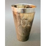 A hallmarked silver mounted horn beaker with monogrammed shield, Birmingham, Ainsworth, Pembrook &