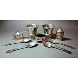 A selection of hallmarked silver items including pair of bowls, pepper / salt shaker, salt,