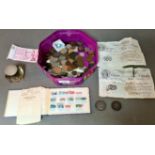 A tub of Gb and world coins, banknotes, small stamp book and a silver topped glass inkwell to