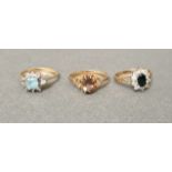 A group of three hallmarked 9ct gold cluster rings, sizes L/M, M/N and O/P, gross wt. 4.9g.