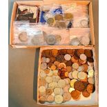 Two trays of assorted GB and world coins, tokens and medallions to include collectable £2 & £1 coins