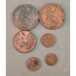 A small group of coins to include 2 pennies (1848&1858), 1846 half penny, 2 third farthings (1827&