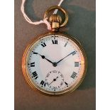 A Record gold plated open faced pocket watch, case diameter 50mm.