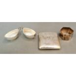 A collection of hallmarked silver items including cigarette case, napkin ring and two salts/