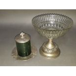 Two pieces of WMF Art Nouveau silver plated and glass comprising a preserve jar and a pedestal bowl,