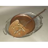 A mixed lot of metal ware comprising an Art Nouveau pewter tray AF, an Arts & Crafts copper dish,