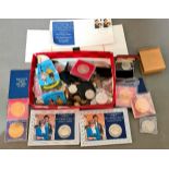A box of assorted GB and world coins & banknotes to include various commemorative crowns etc.