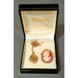 A hallmarked 9ct gold mounted shell cameo pendant brooch and a locket on chain, drop 30.5cm, gross