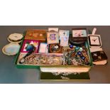 A tray of costume jewellery including necklaces, simulated pearls, Kitsch, brooches, chains, etc.