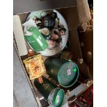 Box of ceramics inc. Royal Doulton character jugs and Robert Harris figures etc.