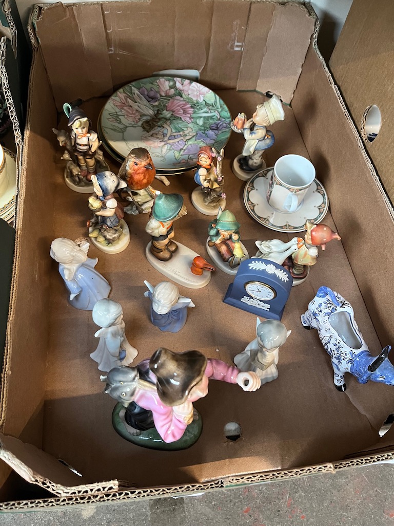 A box of ceramics including Hummel figures, Flower Fairy plates and a Royal Belvedere Vienna