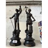 A pair of spelter figures on wooden plinths - Le Mineur and Le Forgeron.