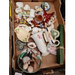A box of trinkets and china to include Old Country Roses etc.