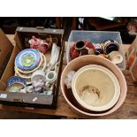 Two boxes of ceramics and collectables including figurines, plates, pressed horn tray, vases,