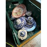 A box of ceramics, mainly blue and white