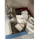 A mixed box including plated ware, Windsor bone china teaware, Brambly Hedge cottages etc