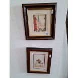 After L S Lowry, 2 small prints, 9.5cm x 12cm, 8cm x 13cm, both glazed and framed